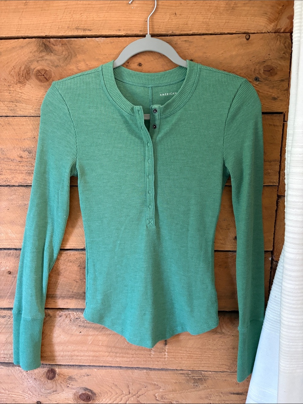 American Eagle Outfitters Green Ribbed Henley Long Sleeve Top
